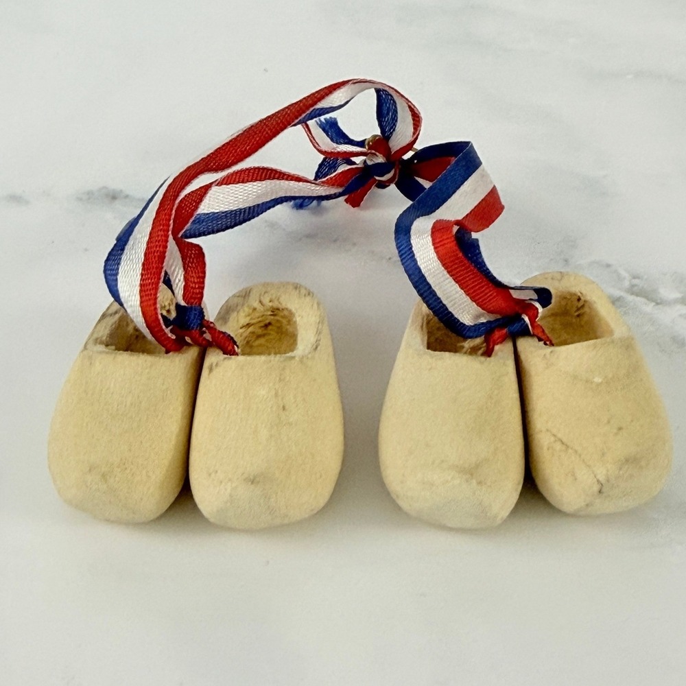 Two Pairs‎ Miniature Wooden Clogs Dutch Souvenirs with Ribbons